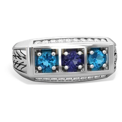 Lab Sapphire Three Stone Tire Tread Men's 14K White Gold ring R0520