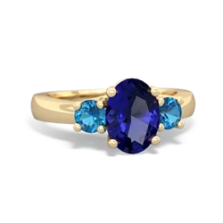 Lab Sapphire Three Stone Oval Trellis 14K Yellow Gold ring R4024