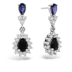 Lab Sapphire Halo Pear Dangle 14K White Gold earrings E1882