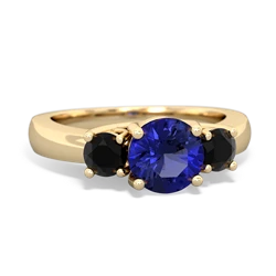 Lab Sapphire Three Stone Round Trellis 14K Yellow Gold ring R4018