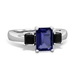 Lab Sapphire Three Stone Emerald-Cut Trellis 14K White Gold ring R4021