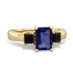 Lab Sapphire Three Stone Emerald-Cut Trellis 14K Yellow Gold ring R4021