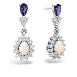 Lab Sapphire Halo Pear Dangle 14K White Gold earrings E1882