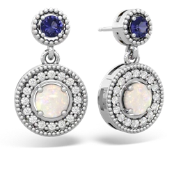 Lab Sapphire Halo Dangle 14K White Gold earrings E5319