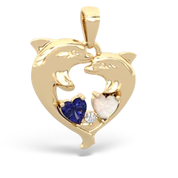 Lab Sapphire Dolphin Heart 14K Yellow Gold pendant P5820