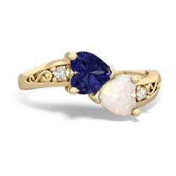 Lab Sapphire Snuggling Hearts 14K Yellow Gold ring R2178