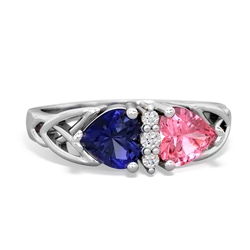 Lab Sapphire Celtic Knot Double Heart 14K White Gold ring R5040