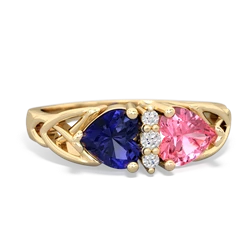 Lab Sapphire Celtic Knot Double Heart 14K Yellow Gold ring R5040