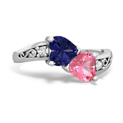 Lab Sapphire Snuggling Hearts 14K White Gold ring R2178