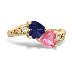 Lab Sapphire Snuggling Hearts 14K Yellow Gold ring R2178