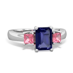 Lab Sapphire Three Stone Emerald-Cut Trellis 14K White Gold ring R4021