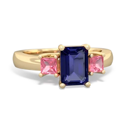 Lab Sapphire Three Stone Emerald-Cut Trellis 14K Yellow Gold ring R4021