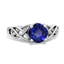 Lab Sapphire Checkerboard Cushion Celtic Knot 14K White Gold ring R5000