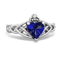 Lab Sapphire Claddagh Celtic Knot Diamond 14K White Gold ring R5001