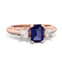 Lab Sapphire Art Deco Diamond 7X5 Emerald-Cut Engagement 14K Rose Gold ring R20017EM