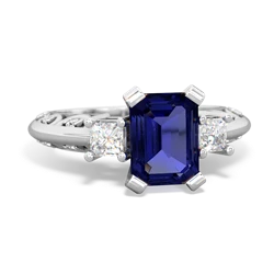 Lab Sapphire Art Deco Diamond 8X6 Emerald-Cut Engagement 14K White Gold ring R20018EM