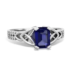 Lab Sapphire Celtic Knot 7X5 Emerald-Cut Engagement 14K White Gold ring R26447EM