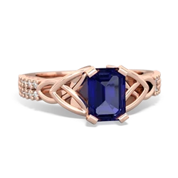 Lab Sapphire Celtic Knot 7X5 Emerald-Cut Engagement 14K Rose Gold ring R26447EM