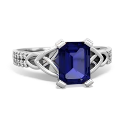 Lab Sapphire Celtic Knot 8X6 Emerald-Cut Engagement 14K White Gold ring R26448EM