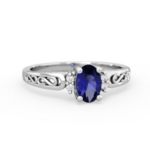Lab Sapphire Filligree Scroll Oval 14K White Gold ring R0812