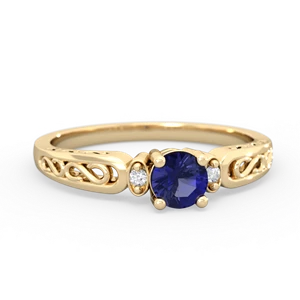 Lab Sapphire Filligree Scroll Round 14K Yellow Gold ring R0829