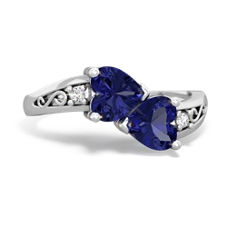 Lab Sapphire Snuggling Hearts 14K White Gold ring R2178