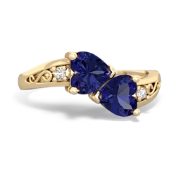 Lab Sapphire Snuggling Hearts 14K Yellow Gold ring R2178