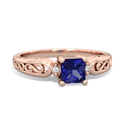 Lab Sapphire Filligree Scroll Square 14K Rose Gold ring R2430