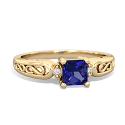 Lab Sapphire Filligree Scroll Square 14K Yellow Gold ring R2430