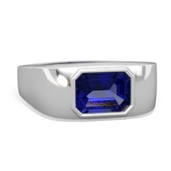 Lab Sapphire Men's Emerald-Cut Bezel 14K White Gold ring R0410