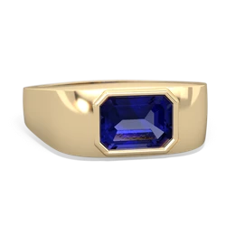 Lab Sapphire Men's Emerald-Cut Bezel 14K Yellow Gold ring R0410