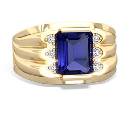 Lab Sapphire Men's 9X7mm Emerald-Cut 14K Yellow Gold ring R1835