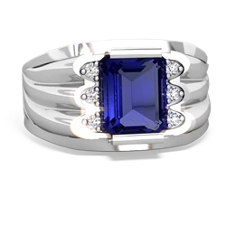 Lab Sapphire Men's 9X7mm Emerald-Cut 14K White Gold ring R1835
