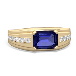 Lab Sapphire Men's Diamond Channel 14K Yellow Gold ring R0500