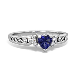 Lab Sapphire Filligree Scroll Heart 14K White Gold ring R2429