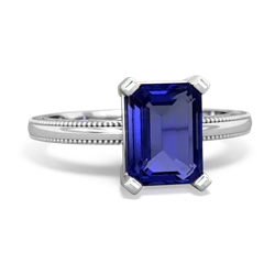 Lab Sapphire Milgrain Scroll 14K White Gold ring R2338