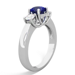 Lab Sapphire Diamond Three Stone Round Trellis 14K White Gold ring R4018