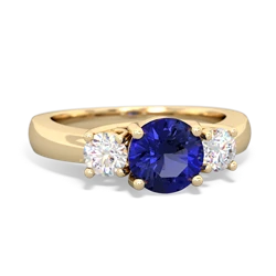 Lab Sapphire Diamond Three Stone Round Trellis 14K Yellow Gold ring R4018