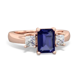 Lab Sapphire Diamond Three Stone Emerald-Cut Trellis 14K Rose Gold ring R4021