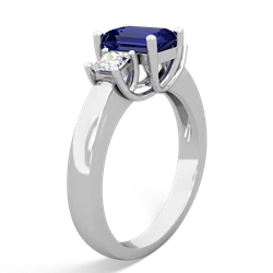 Lab Sapphire Diamond Three Stone Emerald-Cut Trellis 14K White Gold ring R4021