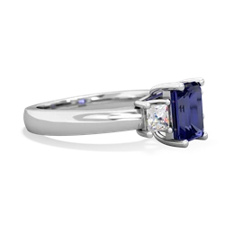 Lab Sapphire Diamond Three Stone Emerald-Cut Trellis 14K White Gold ring R4021