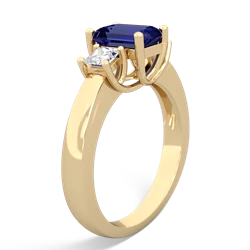 Lab Sapphire Diamond Three Stone Emerald-Cut Trellis 14K Yellow Gold ring R4021