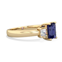 Lab Sapphire Diamond Three Stone Emerald-Cut Trellis 14K Yellow Gold ring R4021