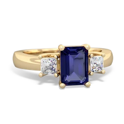 Lab Sapphire Diamond Three Stone Emerald-Cut Trellis 14K Yellow Gold ring R4021