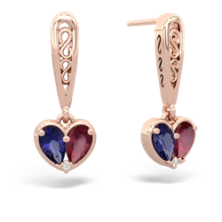 Lab Sapphire Filligree Heart 14K Rose Gold earrings E5070