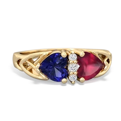 Lab Sapphire Celtic Knot Double Heart 14K Yellow Gold ring R5040