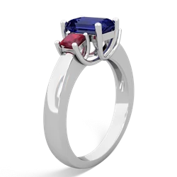 Lab Sapphire Three Stone Emerald-Cut Trellis 14K White Gold ring R4021