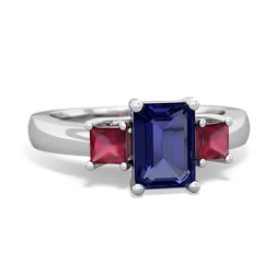 Lab Sapphire Three Stone Emerald-Cut Trellis 14K White Gold ring R4021