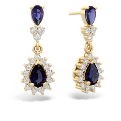 Lab Sapphire Halo Pear Dangle 14K Yellow Gold earrings E1882