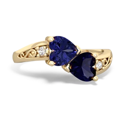 Lab Sapphire Snuggling Hearts 14K Yellow Gold ring R2178